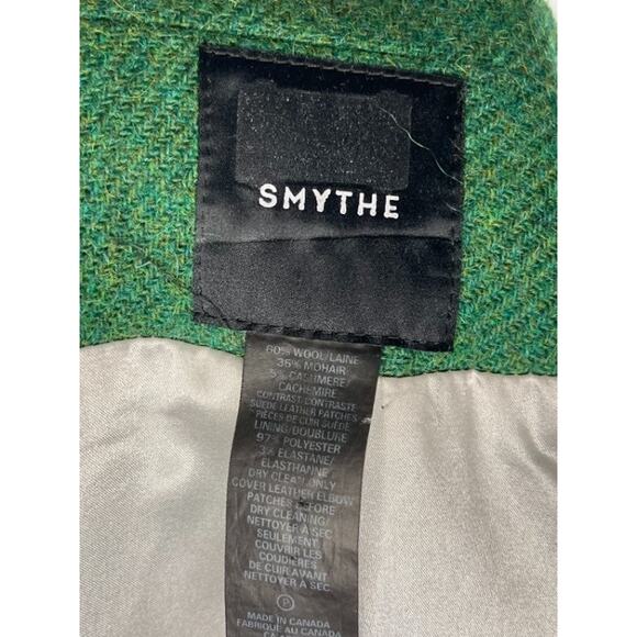 SMYTHE Sz 10 Green Duchess Wool Elbow Patch Suede Trim Jacket Blazer - Picture 3 of 13